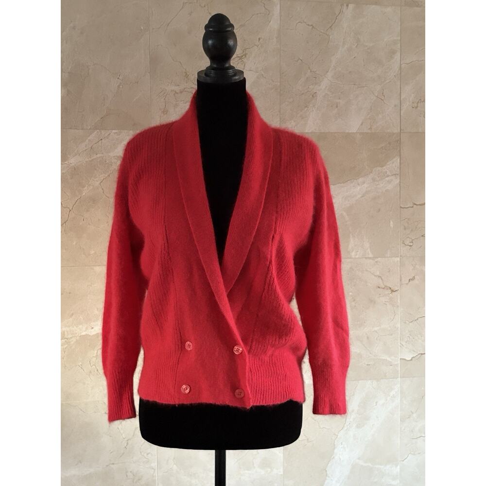 VTG 80s Lambswool Angora Cardigan - M Red Fuzzy, Cozy Luxury Knitwear, Office